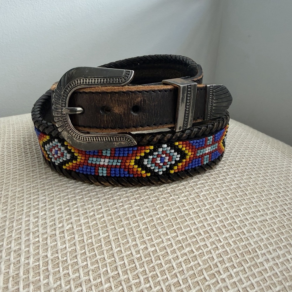 VTG Beaded Leather Belt Size 30 Southwestern Aztec Silver Buckle Country Western - Picture 1 of 16